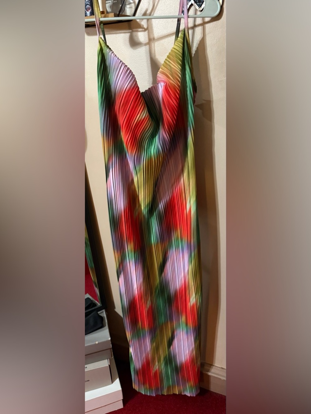 PrettyLittleThing Rainbow Pleated Maxi Dress with Spaghetti Straps